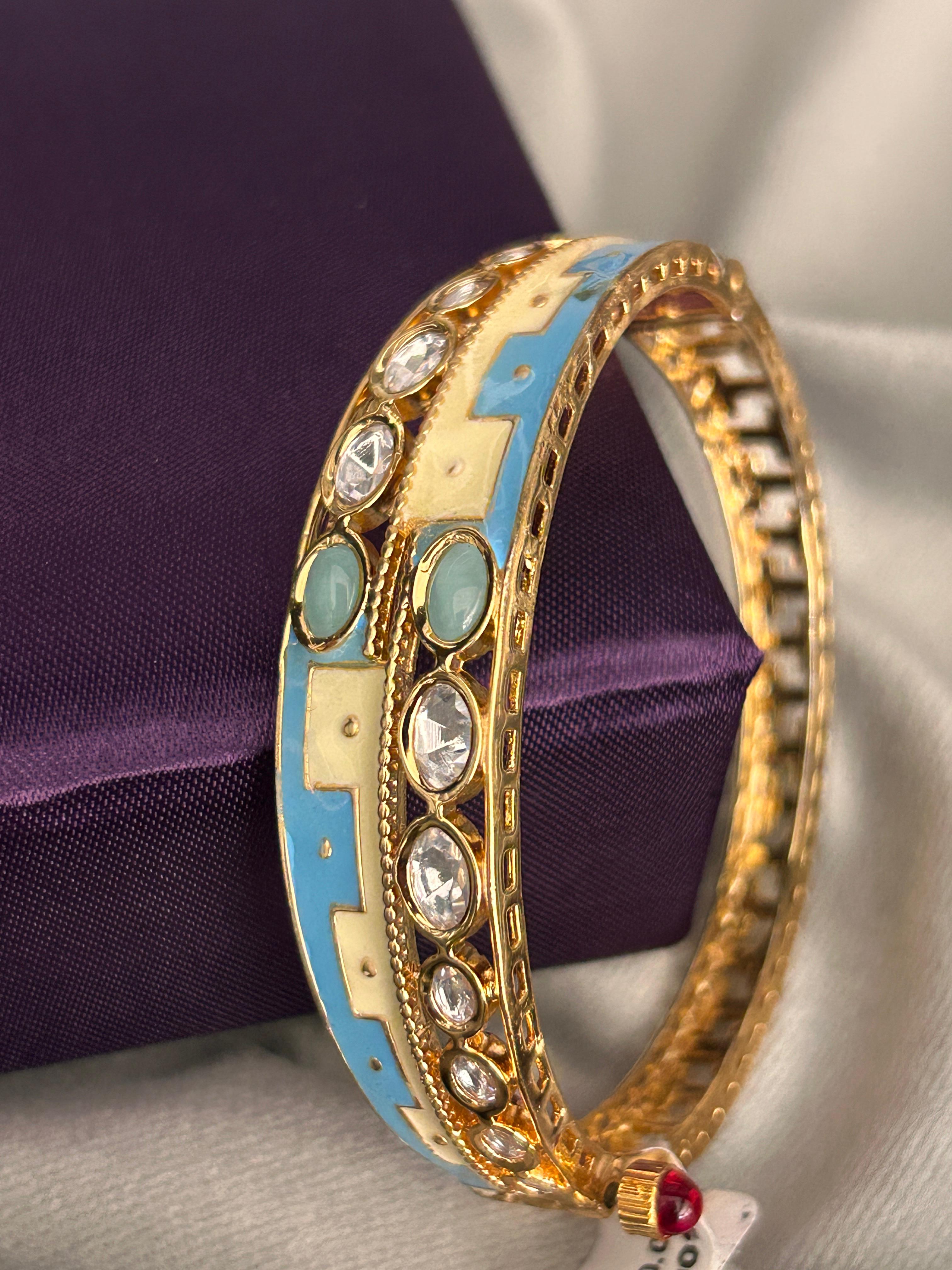 Aqua Enamel Openable Bangle with CZ Stones – Designer Gold Finish (Size 2.4 & 2.6)